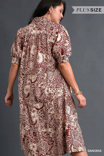 Wine Floral Midi Dress - Plus
