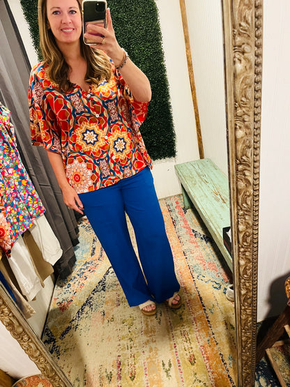 Royal Blue Linen Elastic Waist Pants