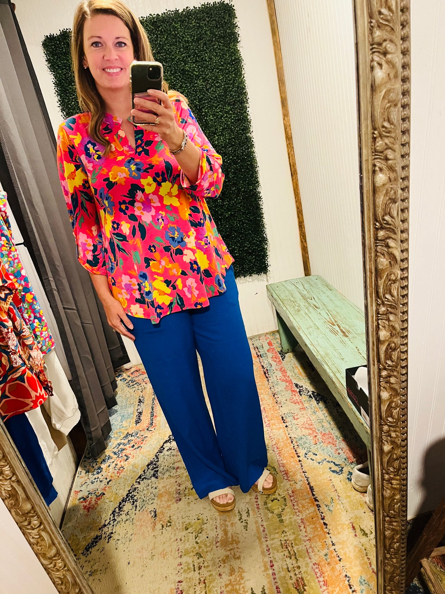 Hot Pink Floral 3/4 Sleeve Top