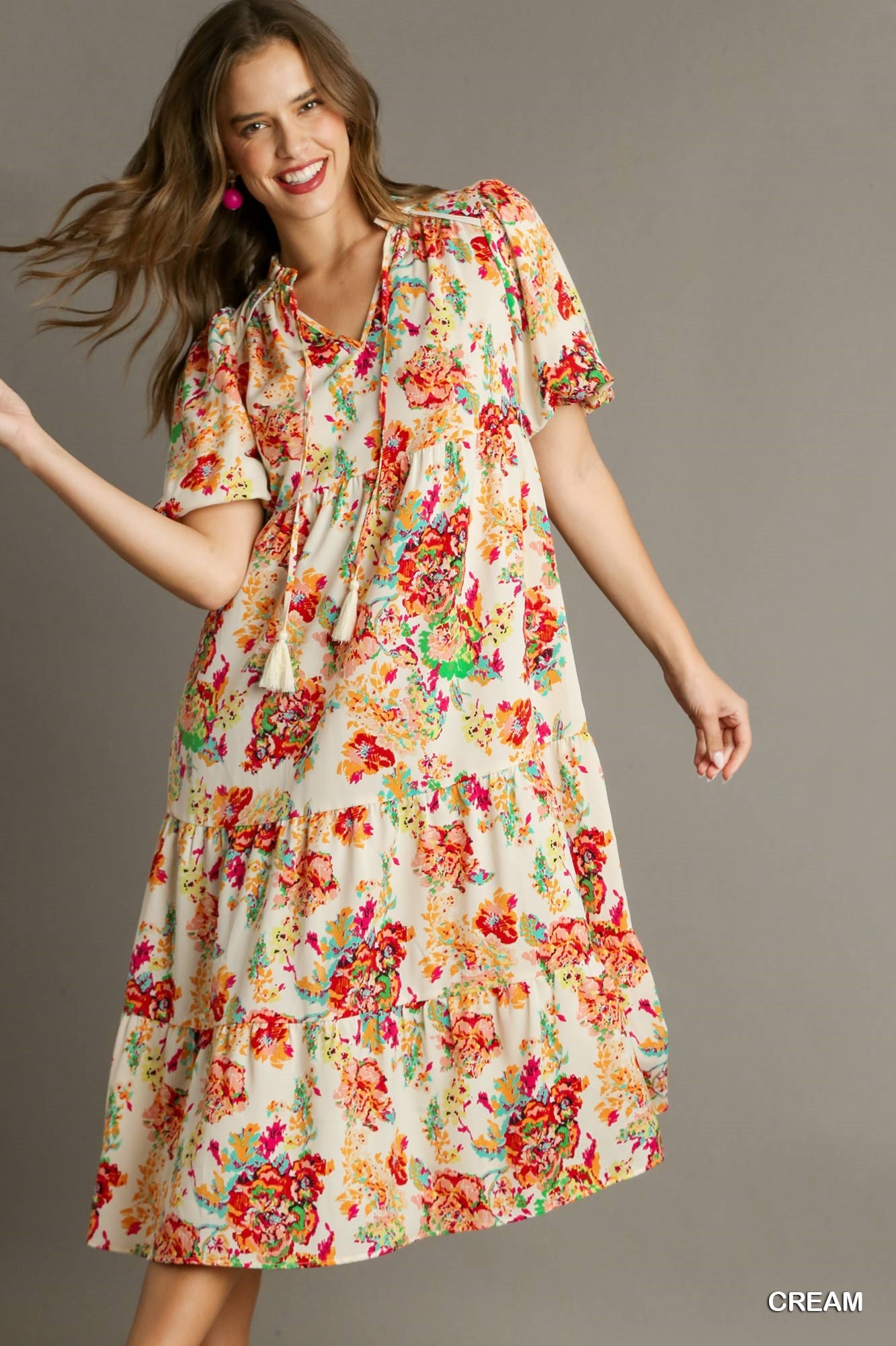 Cream Floral Midi Dress