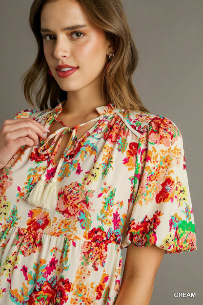 Cream Floral Midi Dress