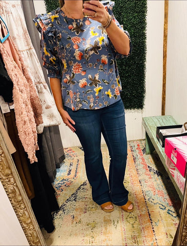 Blue Floral 3/4 Top