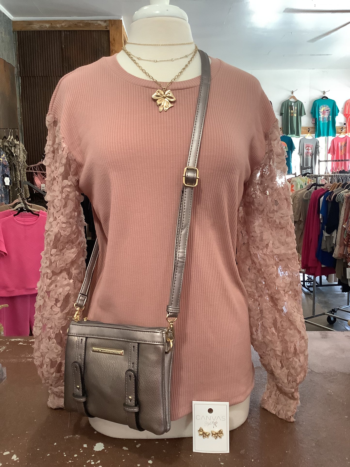 Mauve Ribbed Lace Sleeve Top