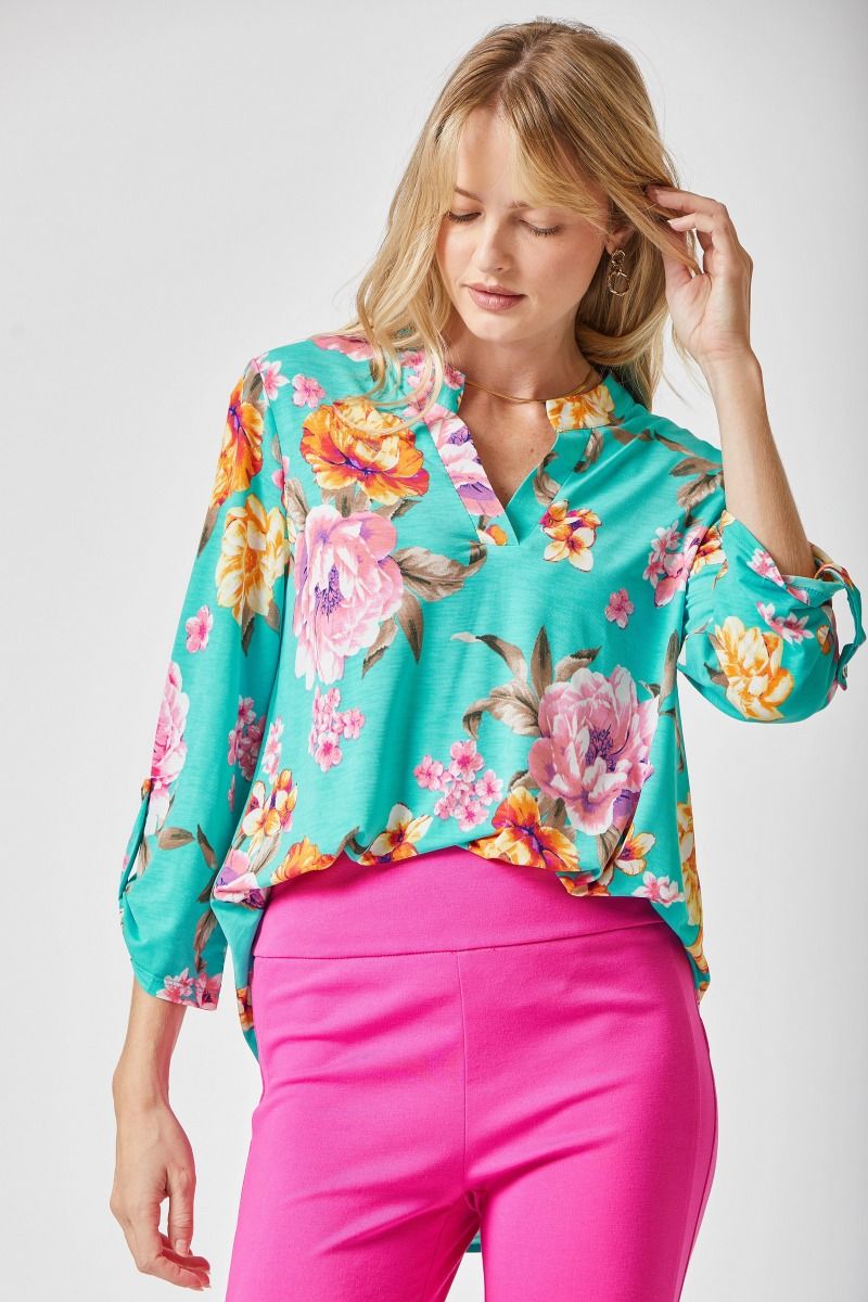 Mint Floral 3/4 Sleeve Top - Plus