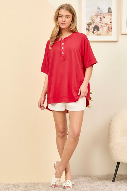 Button Detail Terry Top - Red or Royal