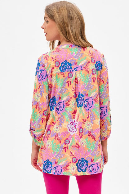 Orange Floral 3/4 Sleeve Top - Plus
