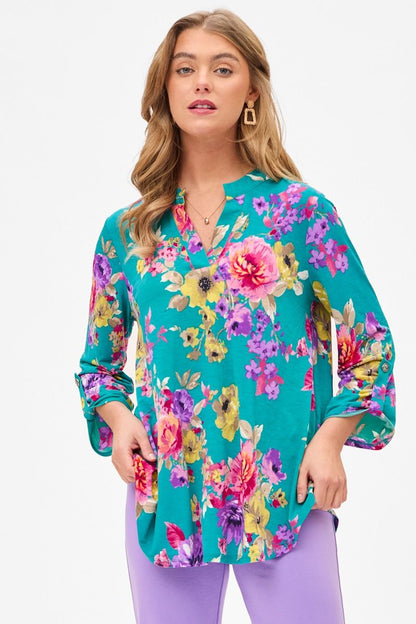 Turquoise Floral 3/4 Sleeve Top