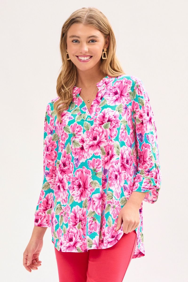Mint & Pink Floral 3/4 Sleeve Top - Plus