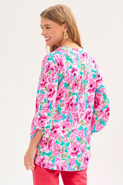 Mint & Pink Floral 3/4 Sleeve Top - Plus