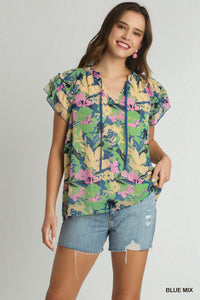 Metallic Blue Floral Top with Front Tie