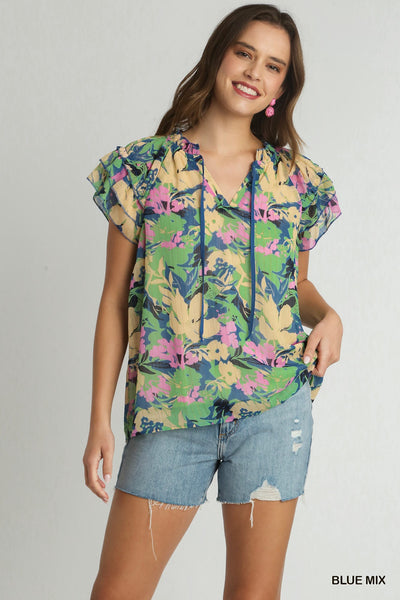 Metallic Blue Floral Top with Front Tie