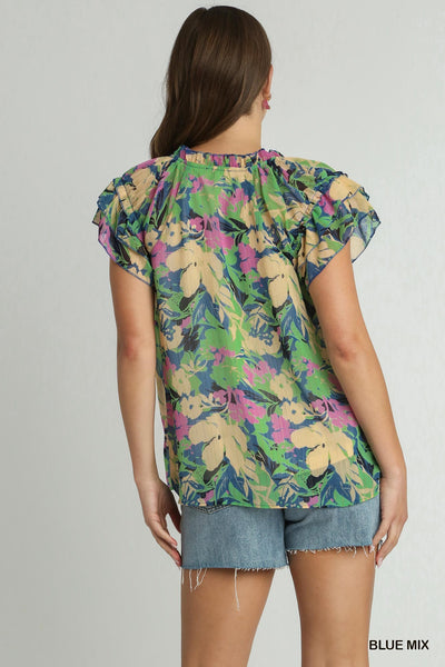 Metallic Blue Floral Top with Front Tie
