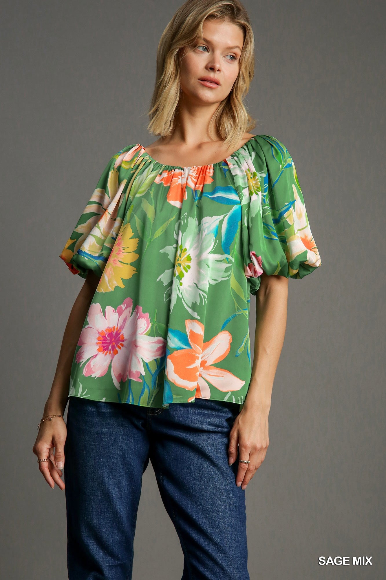 Sage Floral Round Neck Top
