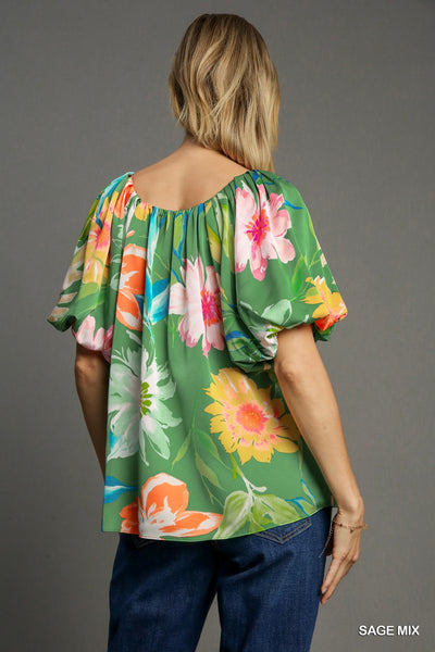 Sage Floral Round Neck Top