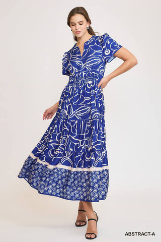 Royal Blue Abstract Print Tiered Maxi Dress