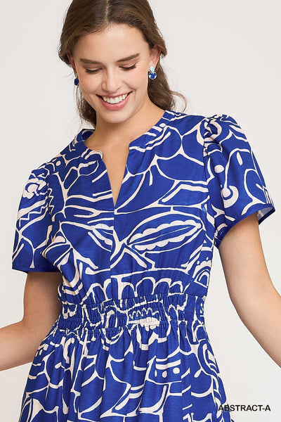 Royal Blue Abstract Print Tiered Maxi Dress