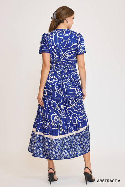 Royal Blue Abstract Print Tiered Maxi Dress