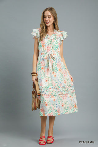 Peach Floral Ruffle Sleeve Midi Dress