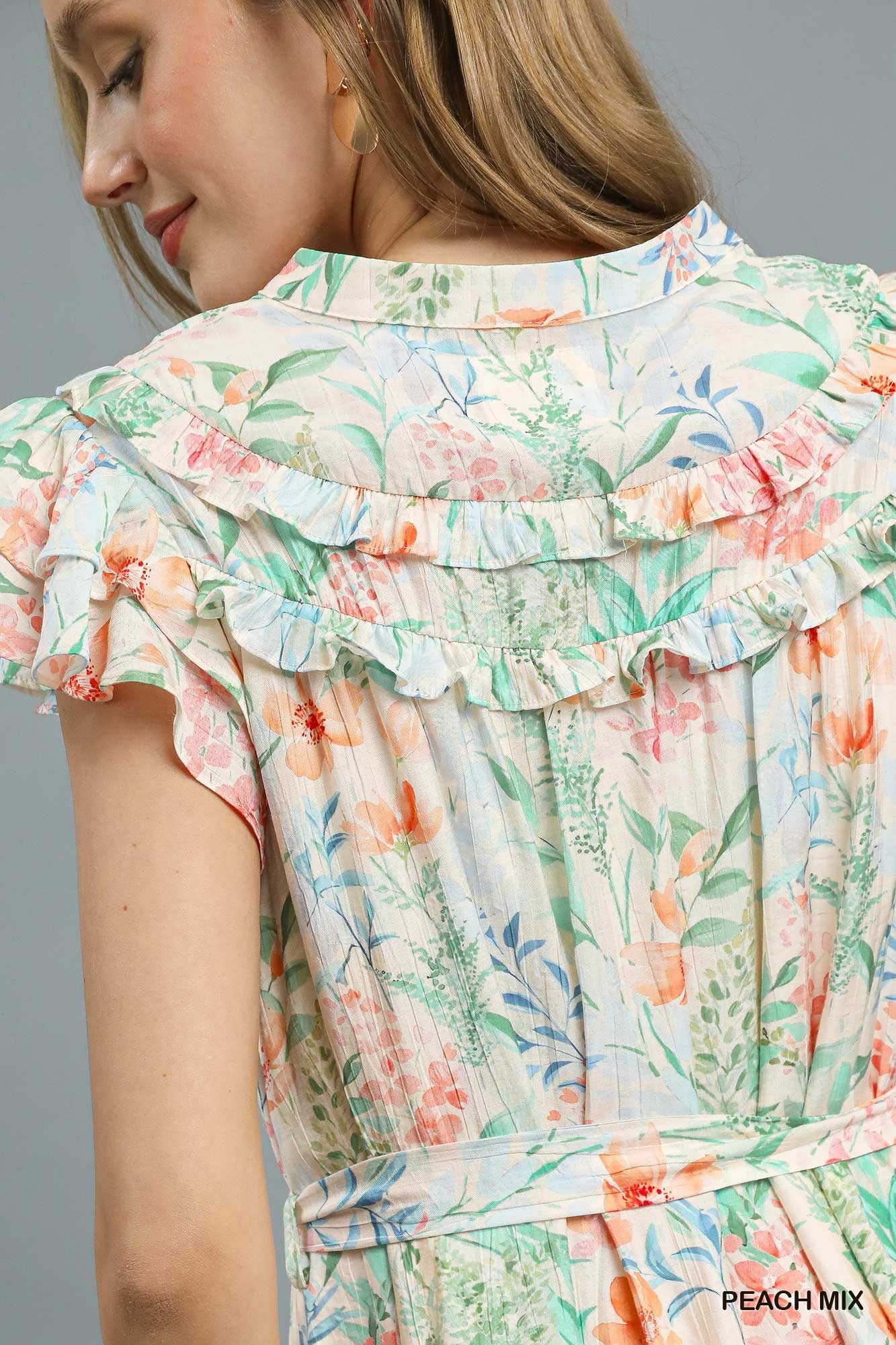 Peach Floral Ruffle Sleeve Midi Dress