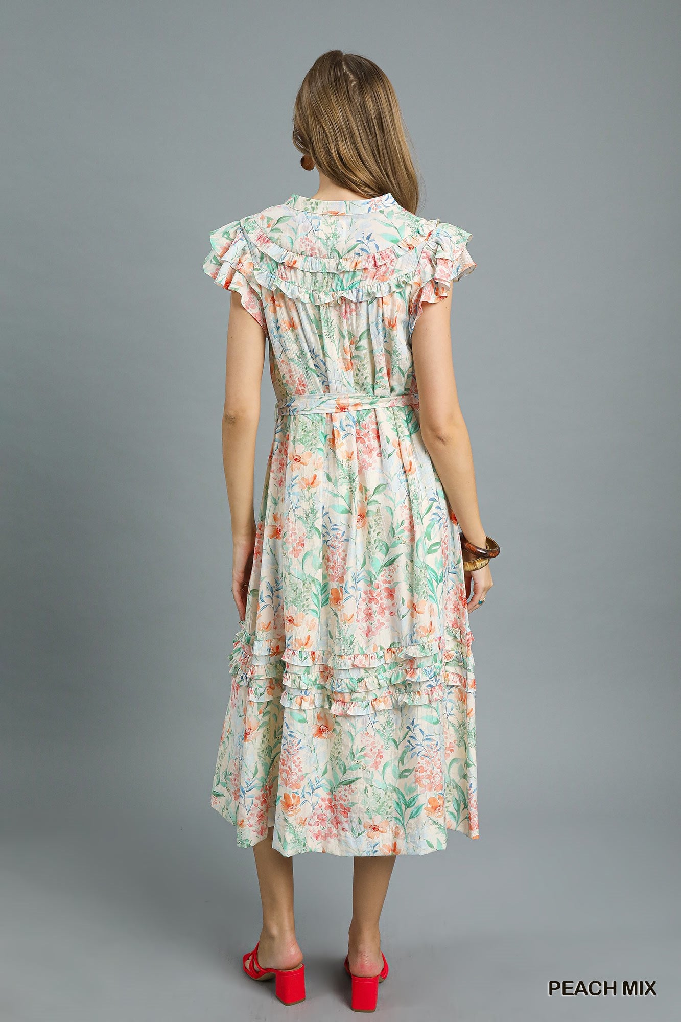 Peach Floral Ruffle Sleeve Midi Dress
