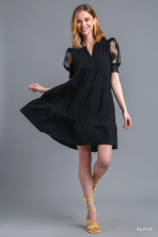 Black Crinkle Fabric Lace Sleeve Dress