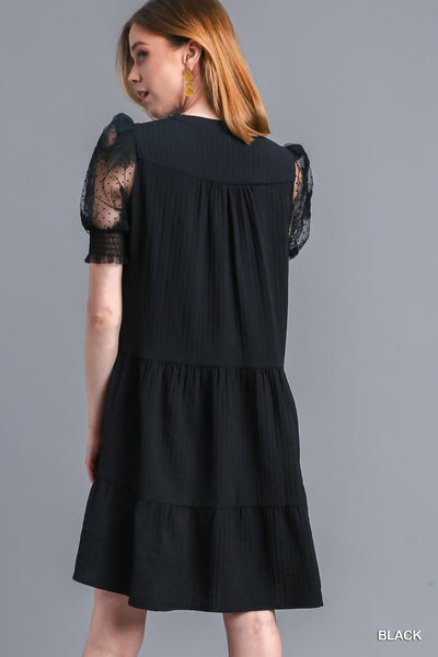 Black Crinkle Fabric Lace Sleeve Dress