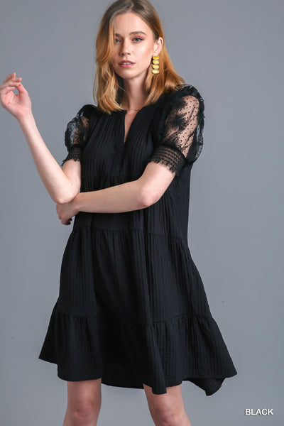 Black Crinkle Fabric Lace Sleeve Dress