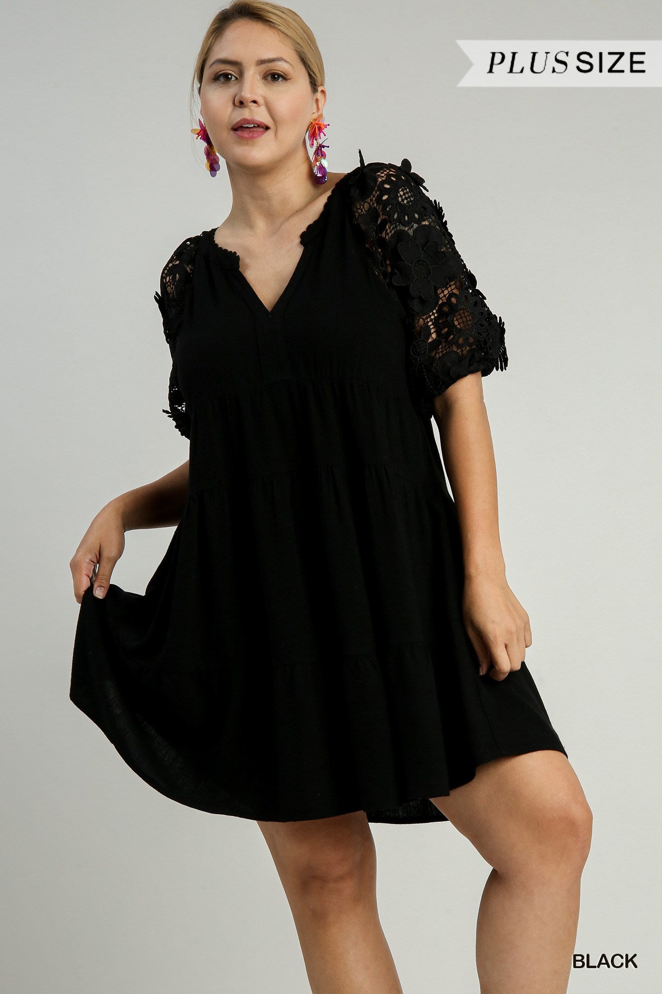 Black Linen Floral Lace Sleeve Dress