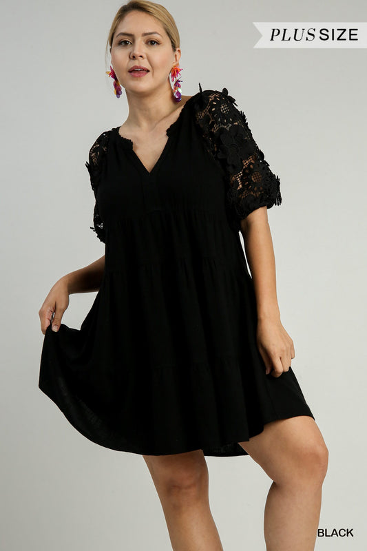 Black Linen Floral Lace Sleeve Dress