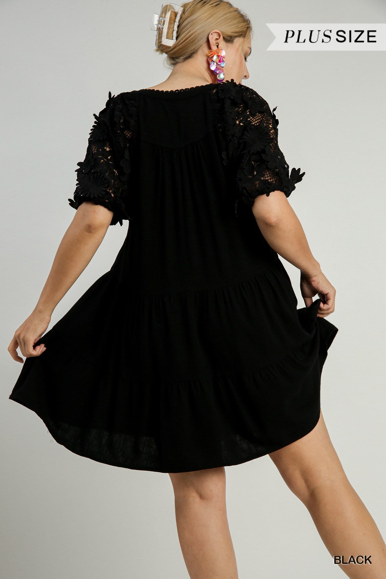 Black Linen Floral Lace Sleeve Dress