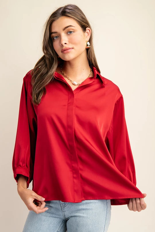 Red Satin Oversized Top