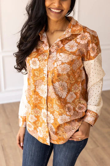 Orange Floral Button Up Top - Plus