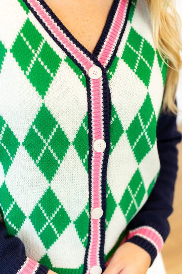 Navy & Green Argyle Cardigan Sweater
