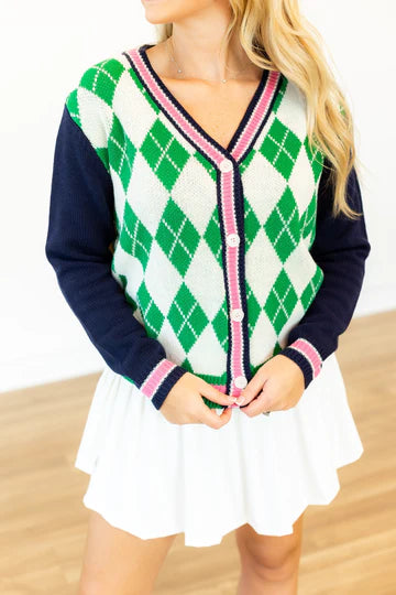 Navy & Green Argyle Cardigan Sweater