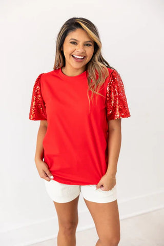 Red Sequin Sleeve Top