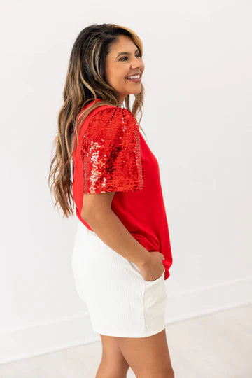 Red Sequin Sleeve Top