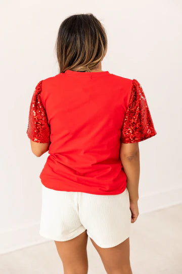 Red Sequin Sleeve Top