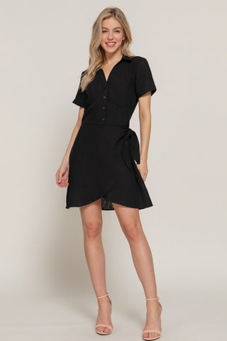 Black Linen Effect Side Bow Dress