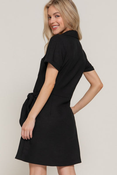 Black Linen Effect Side Bow Dress