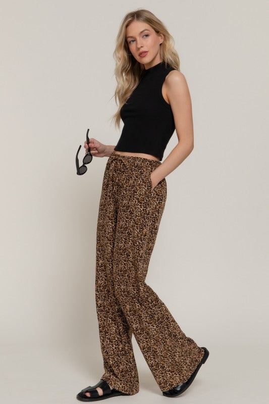 Brown Leopard Elastic Waist Pants