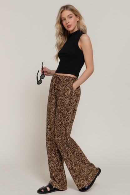 Brown Leopard Elastic Waist Pants