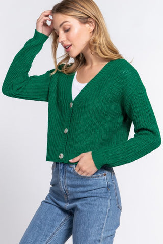 Green Long Sleeve V-neck Sweater Cardigan