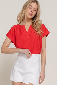 Red Dolman Sleeve Notch Neck Top