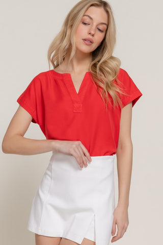 Red Dolman Sleeve Notch Neck Top