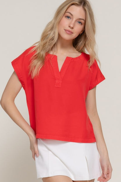 Red Dolman Sleeve Notch Neck Top