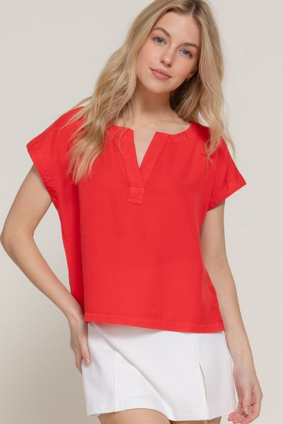 Red Dolman Sleeve Notch Neck Top