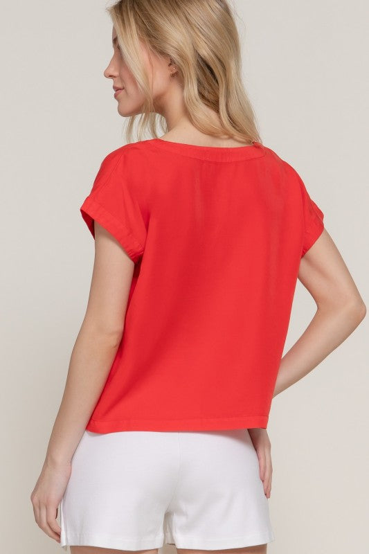 Red Dolman Sleeve Notch Neck Top