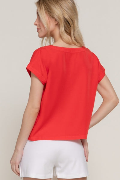 Red Dolman Sleeve Notch Neck Top