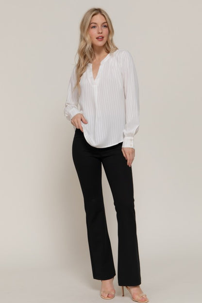 White Long Sleeve Pleated Textured Blouse