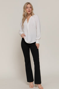 White Long Sleeve Pleated Textured Blouse